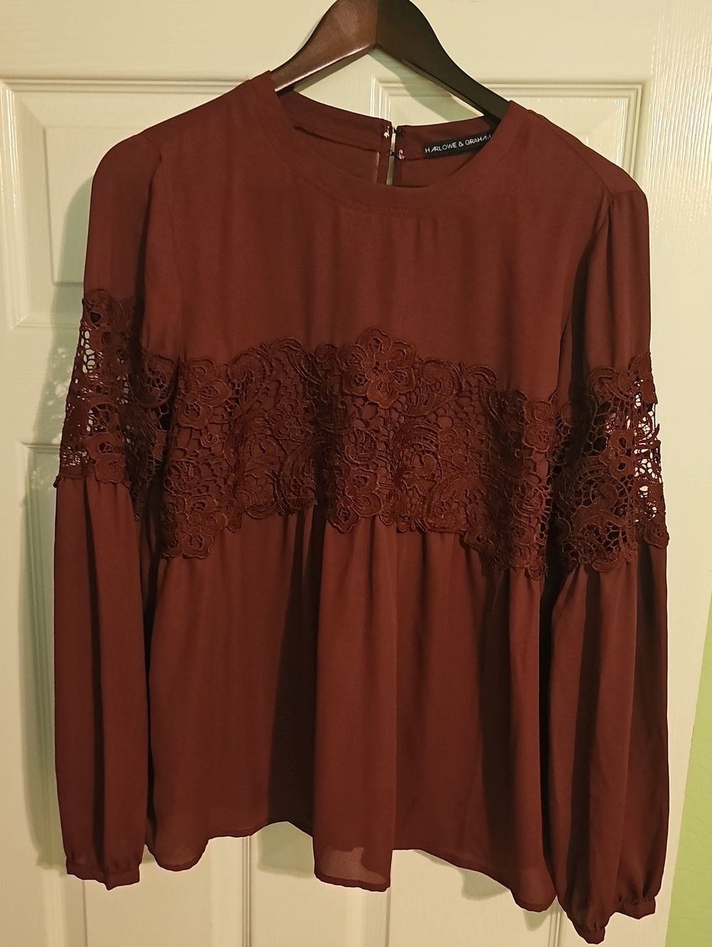 a new day Burgundy Lace-Panel Long Sleeve Blouse